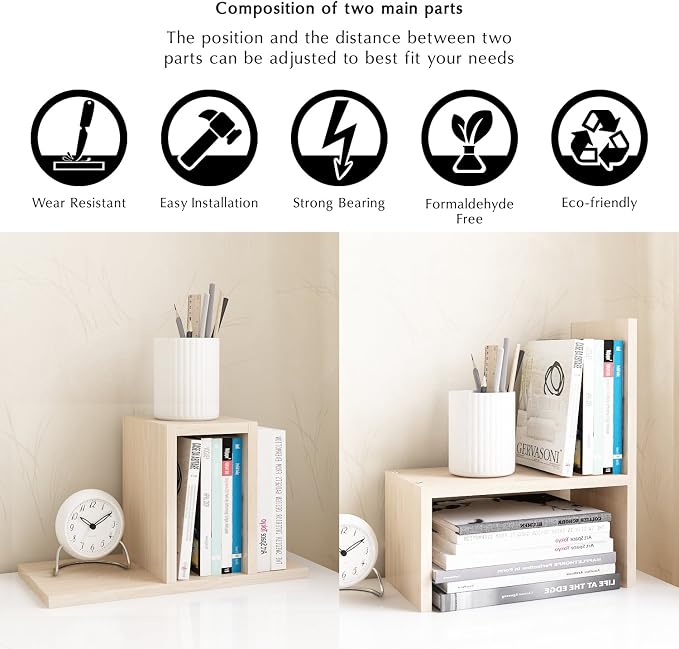 Jerry & Maggie Desktop Organizer Office Storage Rack Adjustable Wood Display Shelf, White, 5 Units, 16"L x 15.8"H x 6.8"W | Wooden Desk Organizer, Cute Dorm & Cubicle Decor. Stores Makeup & Mini Plants, Space-Saving Storage for Small College Rooms