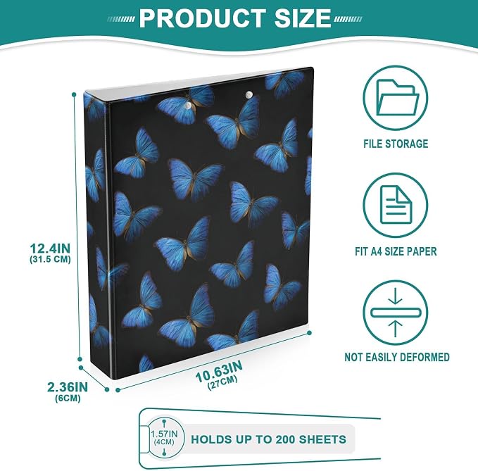 Black and Blue Butterflies Binder 3 Ring 1.5 Inch Binder with Clipboard&Pockets, Hardcover Binders Heavy Duty Large File Folder for Office School Supplies - Holds 200 Sheets, 2 PC