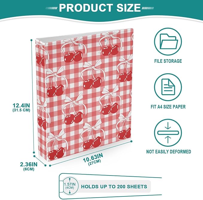 Cherry Bow Tie Ribbon Gingham 1.5 Inch Binders 3 Ring for Letter Size Holds 200 Sheets Notebook Binder with Clipboard for Women or Men