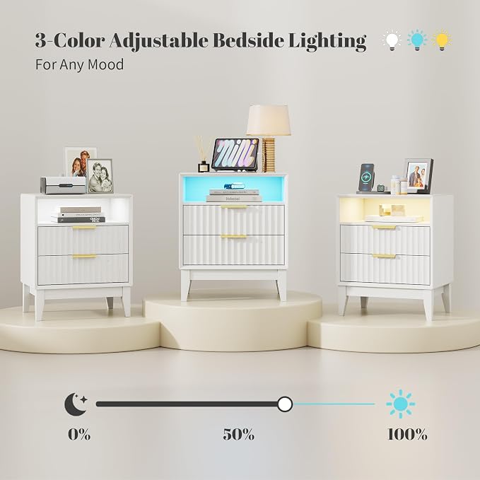 24“ W Fluted LED Nightstand with Charging Station, RFID Lock, White | Bedside Table with Hidden Drawer, 2 Drawers, Open Cubby, Motion Sensor, USB and Type-C Ports, Night Stand for Bedroom