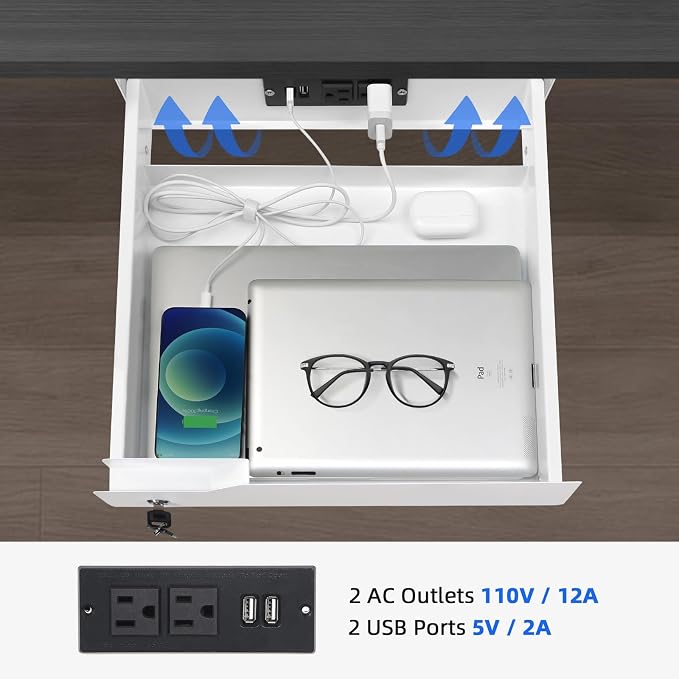 Lumil Under Desk Mounted Drawer Lockable with 3 Prong Extension Cord 10 FT with Multiple Outlets and Foldable Cable Management Arm for Office Desk 15.7" (W) x 15.7" (D) x 4.4" (H), White