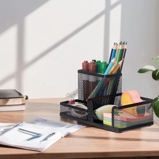 Comix 6 Packs Mesh Pen Holder, Desk Organizer for Home Office, Black | 3 Compartment Pencil Holder, Sticky Notes Holder, Pen Organizer Office Supplies
