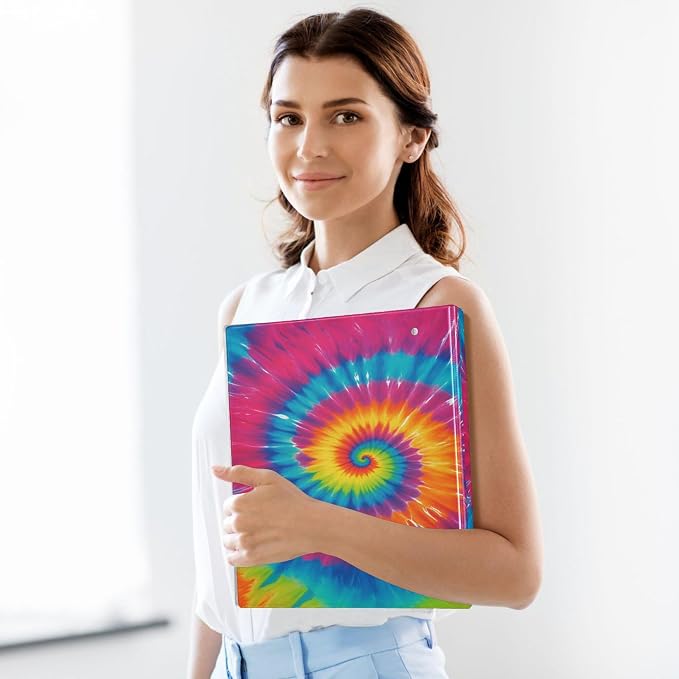 Tie Dye Round Ring Binders 1.5 Inch Rainbow 3 Ring Clipboard Binder for Office School Work Supplies File Folder 200 Sheet Capacity 2 Pieces
