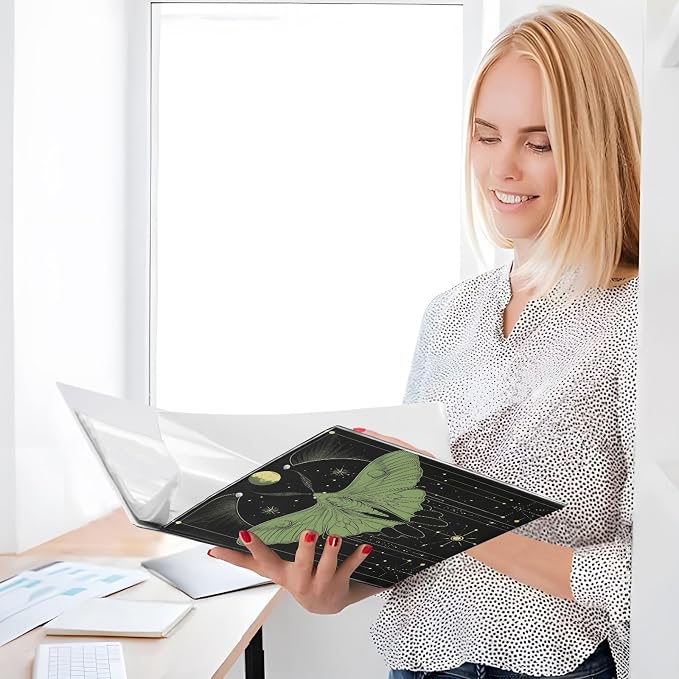 Gothic Luna Moth 1.5 Inch Binders 3 Ring with Clipboard&2 Pockets Large Heavy Duty Binders Decorative D-Ring Binder Flexible Green and Black Goth Hardcover Binders, Holds 200 Sheets-2 Pack