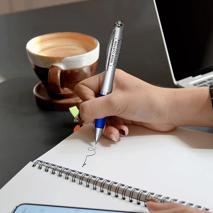 DISCOUNT PROMOS Personalized Ballpoint Pens With Rubber Grip, 10 pack Customizable Ergonomic Click-to-Write Custom Writing Pens for School with Black Ink, Blue