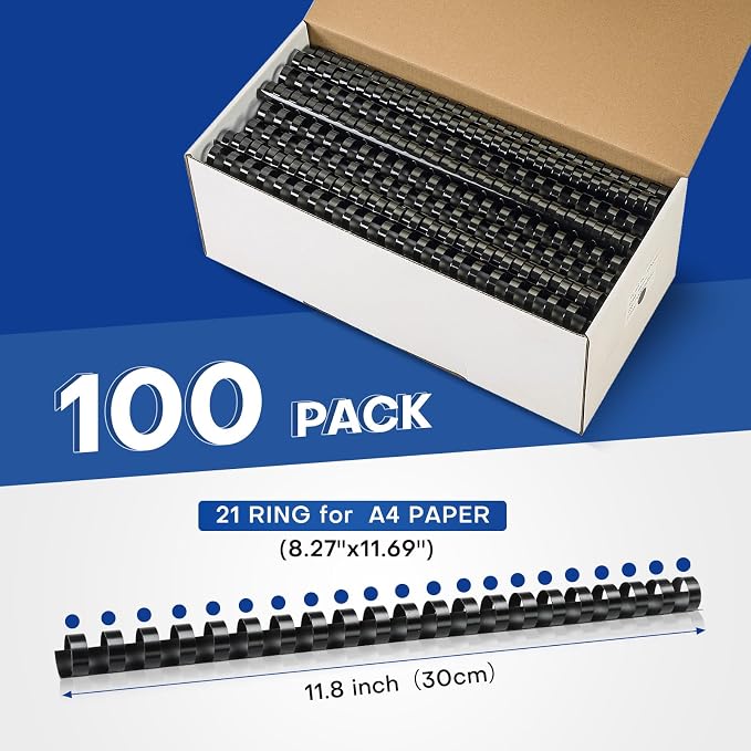 MYFULLY 100 Pack 21-Ring Plastic Binding Spines 3/4" Dia, 180-Sheet | Black Comb Binding Combs for Office and School, Ideal for Reports, Presentations, and Documents with A4 Pages