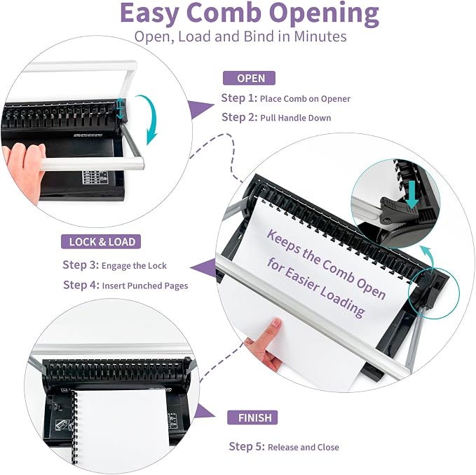 Binditek Binding Machine, 19Hole, 145 Sheets, for Letter Size, Fixed Margin | Comb Binding Machine, Punch 6-8 Sheet, 145 Sheets, Comb Binder Machines with 30 Pcs 1/2" Binding Combs, for Letter Size