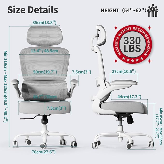 TRALT Office Chair Ergonomic Desk Chair - Gaming Chair with Lumbar Support | 330 LBS Home Office Desk Chairs with Headrest, Reading Chair with Flip-up Armrests, Comfortable Computer Chairs (1, Grey)