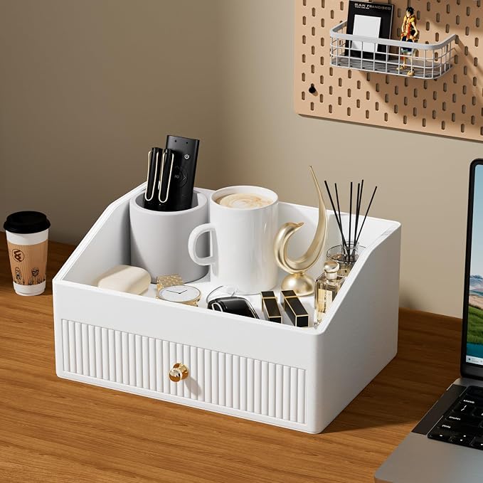 LADSTAG Office Desk Accessories,Beige White Vegan Leather Office Organizer with 1 Drawer & Tray,Pen Holder with Gold-Tone Metal Accents Knob for End Tables,Bedside Table,Bedroom.