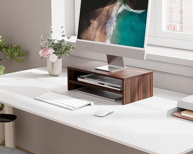 FITUEYES Wooden Monitor Stand Riser, 2-Tier Desk Storage Shelf, Brown | 16.7-Inch Desktop Organizer Fits Laptop, Computer Screen and Office Supplies