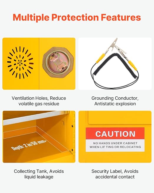 VEVOR Flammable Cabinet 17" x 17" x 22", 12 GalCold-Rolled Steel Flammable Liquid Storage Cabinet, Explosion Proof with 1 Adjustable Shelf 1 Door for Commercial Industrial Use, Yellow