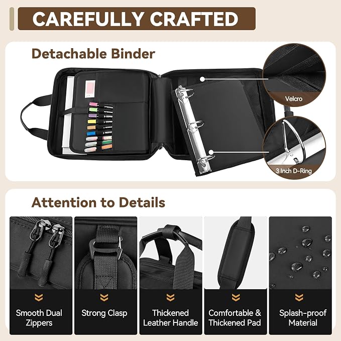 3 Inch Zipper Binder 3 Ring, D-Ring School Binder Organizer Holds 700 Sheets, Multi-Pocket Zippered Binder Bag with Backpack Straps & Shoulder Strap, Fits 15.6-Inch Laptop