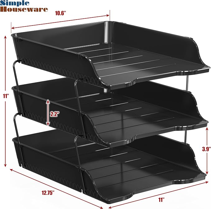 Simple Houseware 3-Tier Stackable Paper Tray for Desk Organizer, Black | Desktop File Holder for A4/Letter Size Documents, File Sorter, Paper Holder, Office File & Accessories Storage