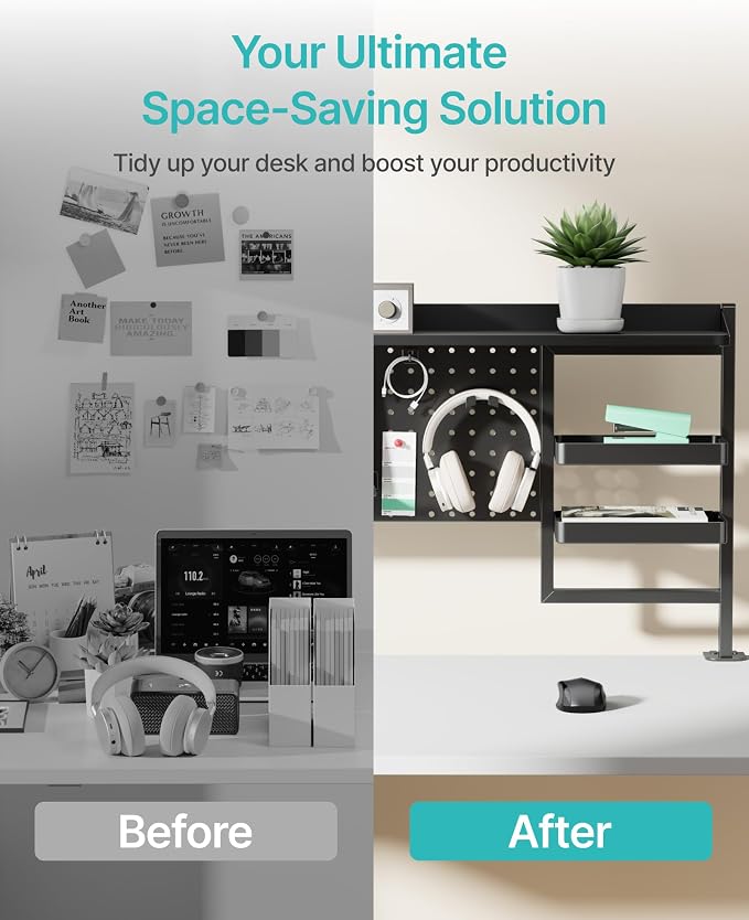 Clamp on Desk Shelf, 44" Desktop Shelving System, Black | with Pegboard and Accessories, Desktop Organizer with 2-Tier Shelf, Desk Pegboard for Office Home Gaming