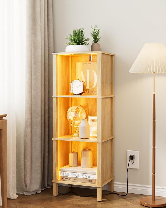 Bookshelf with LED Lights, Modern 3-Tier Bookcase, Open Storage Book Shelf, 11 × 14.2 × 38.9 Inches, Small Narrow Bookshelves for Living Room, Home Office, Bedroom, Natural