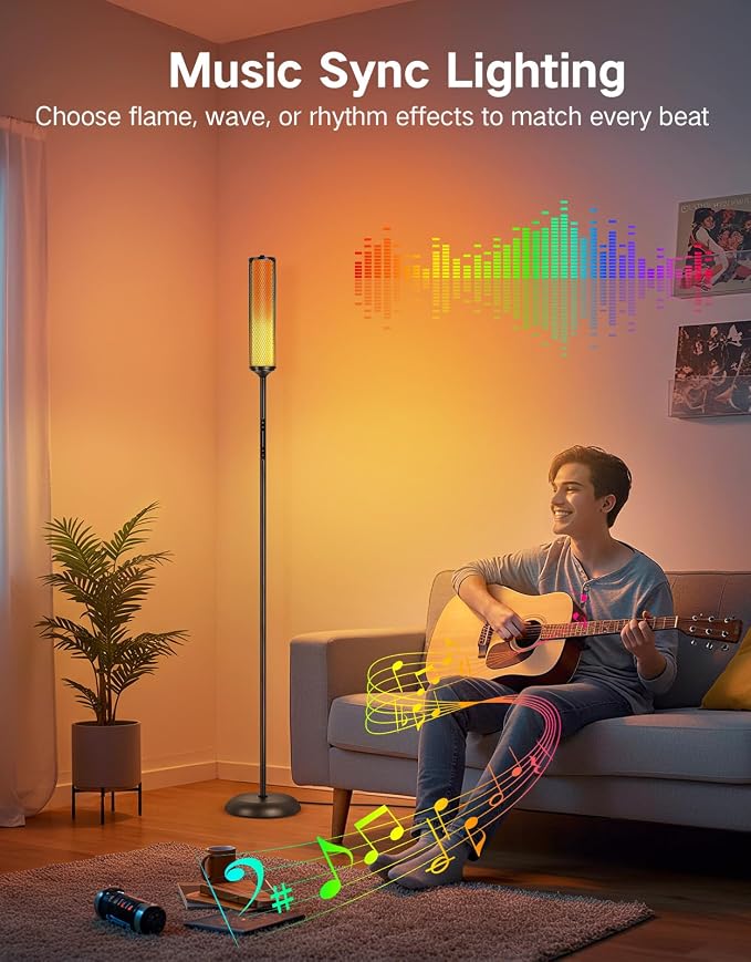 OUTON LED Floor Lamp with Remote & APP Control, Tall Standing Lamp, 16 Million Colors, 32 Scene Modes & Music Sync, Modern Corner Lamps for Living Room, Bedroom, Gaming, Black & Metal Lampshade