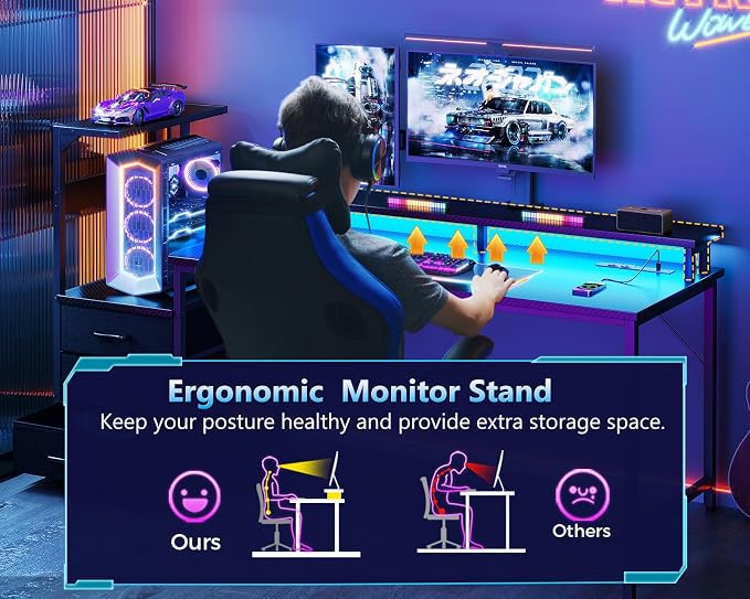 AODK 52 Inch Gaming Desk with USB Charging Ports & LED Light- Reversible Computer Desk with Storage Shelves & Monitor Stand, Modern Gamer Desk Table with Fabric Drawers, Black