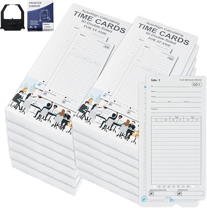 AT-4500 Time Clock Cards, 600 Pack with 2 Ink Ribbons