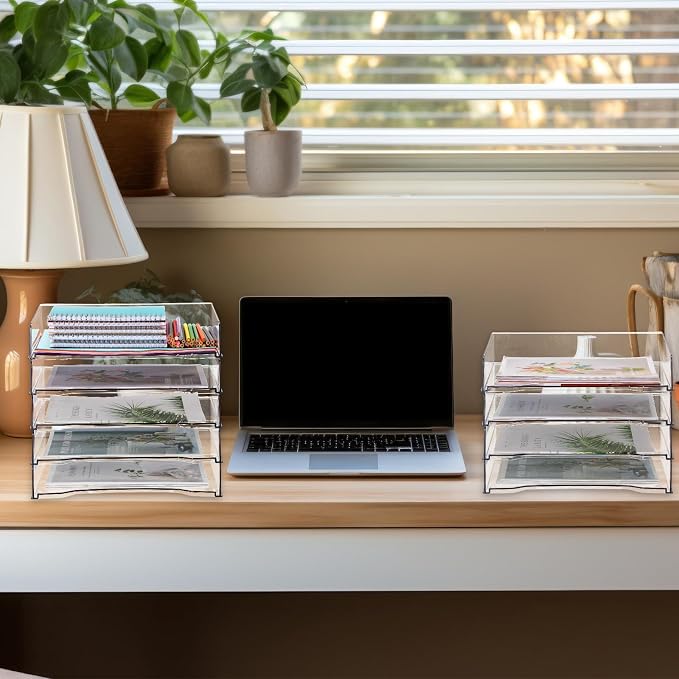 DoubleFill 12 Pcs Stackable Letter Tray Rectangular Plastic Desk Organizer 13 x 9.5 x 2.6 in Paper Holder File Tray Accessories Rack for Desktop Office Desk Drawers (Clear)