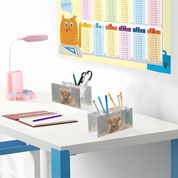 Highland Cow Cattle Acrylic Pencil Pen Holder Desk Accessories Holder, Cosmetic Brush Organizer Modern Design Desktop Stationery Organizer for Office School and Home 7.87 x 2.48 x 3.54 In