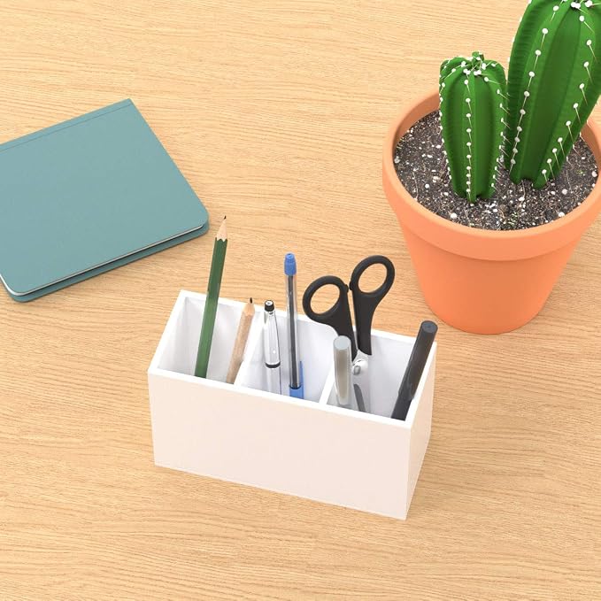 NIUBEE Acrylic Pen Holder 3 Compartments, White Pencil Organizer Cup for Countertop Desk Accessory Storage | Scratch-resistant thick acrylic with 3 slots for pens, pencils, makeup brushes, office, vanity and school use