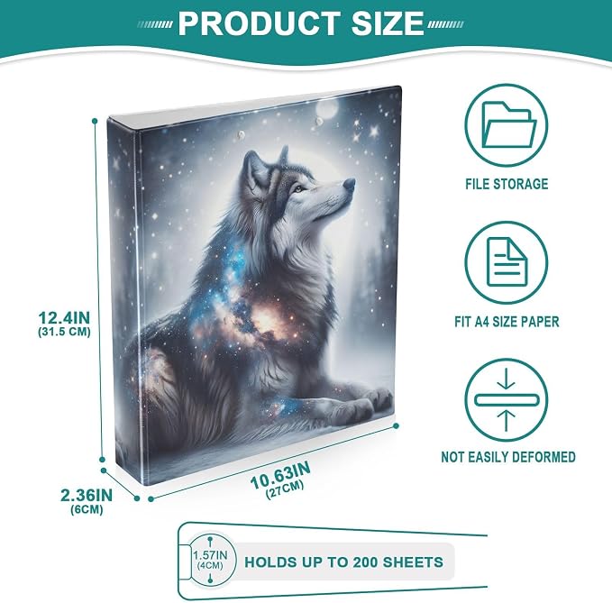 ALAZA 3 Ring Binder Fantasy Wolf on The Night Clipboard Round Ring Binder Holds 1.5 Inch Three Rings Binder Heavy Duty Binders for School Office Supplies, 1Pack