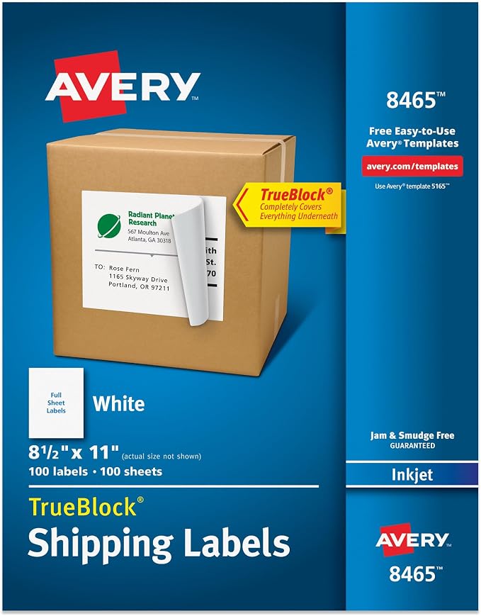 Avery® Full-Sheet Printable Shipping Labels, 8.5" x 11" Customizable Stickers, White, 100 Blank Mailing Labels, Great for Mailing, Shipping, Organizing, and More (8465)