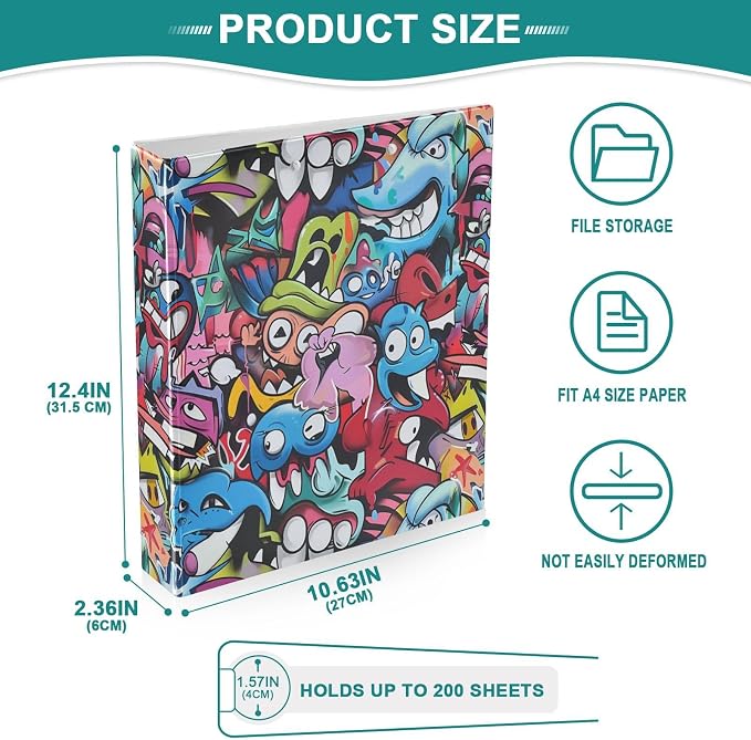 Graffiti Monster Binder 1.5 Inch Binder with Clipboard&Pockets, Hip Hop Monkey Hardcover Binders 3 Ring, Cool Heavy Duty Large File Folder for Office School Supplies - Holds 200 Sheets, 2 Pack