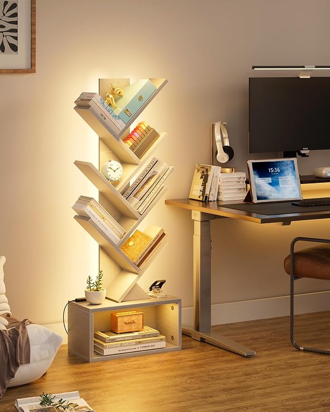 Evermagin 6 Tier Tree Bookshelf with Lights, LED Book Tree Bookcase | White with Storage Organizer, Small Corner Bookshelf Floor Standing Book Shelf for Living Room, Bedroom & Home Office
