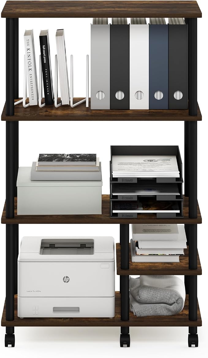 Furinno Turn-N-Tube 4-Tier Toolless Multipurpose Printer Stand Display Storage Shelf with Wheels, Amber Pine/Black
