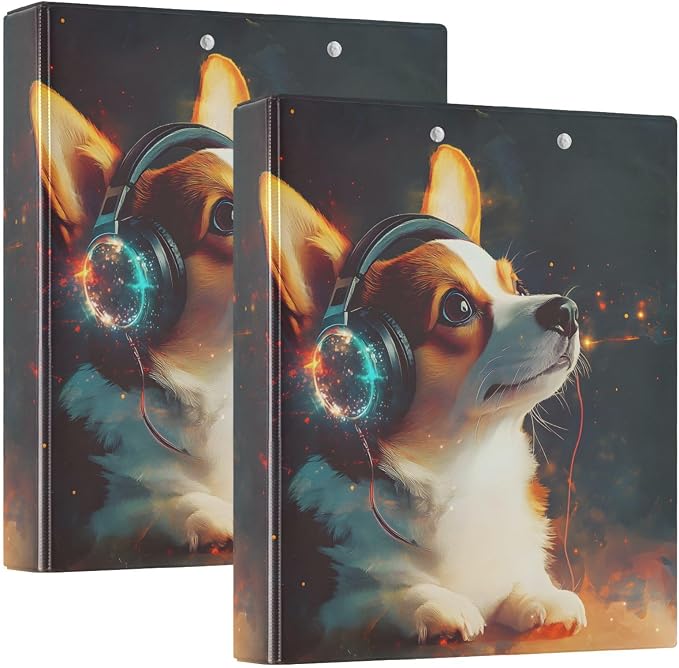 3 Ring Binder Corgi Wearing Headphones 1.5 inch Binders Three Ring Binders with Clipboard Fit 8.5'' x 11'' Paper 3 Interior PVC Clear Pockets for Office Supplies