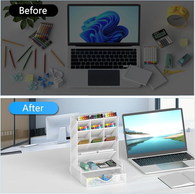 BOHDK Pen Organizer for Desk, Multi-Functional Desk Organizer, Wall Mount Pen Holder with Drawer for School, Office, Home, Art Supplies, White