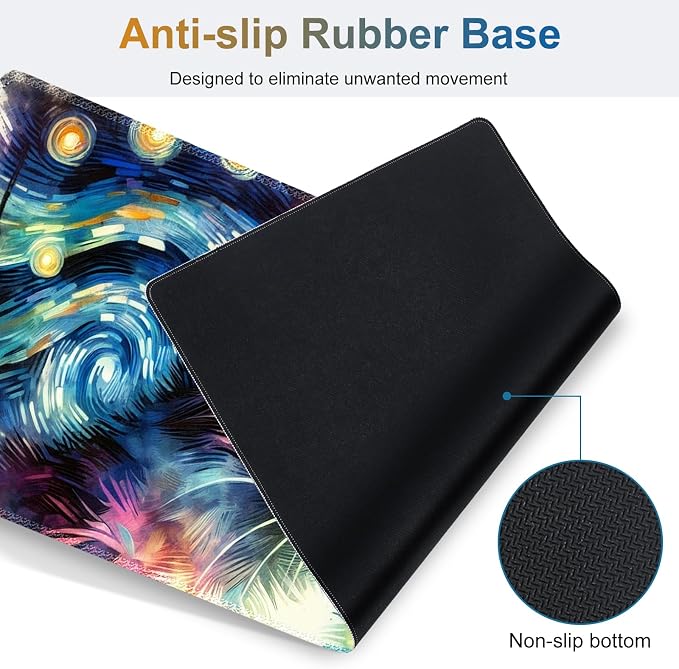 Large Gaming Mouse Pad Set, 4 in 1 Ergonomics Keyboard Desk Mat Memory Foam Wrist Rest, Computer PC Extended Game Mousepad, Non-Slip Desk Matt Easy Typing Pain Relief I Starry Night Art Cat