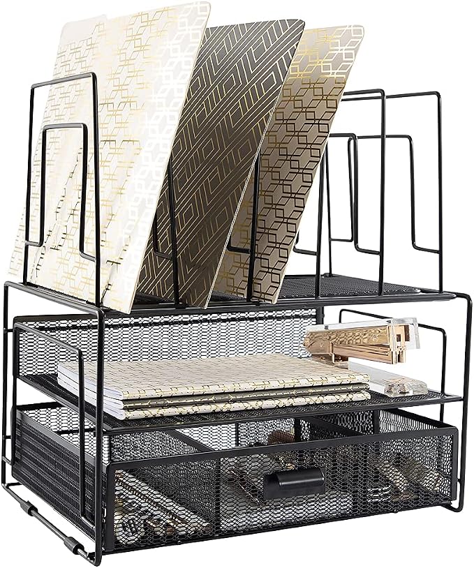 BLU MONACO | Black Wire Mesh Desk Organizer with Drawer | Desk Associates Women Office Set | File Sorters and Mesh Pen Holders Desktop Storage System