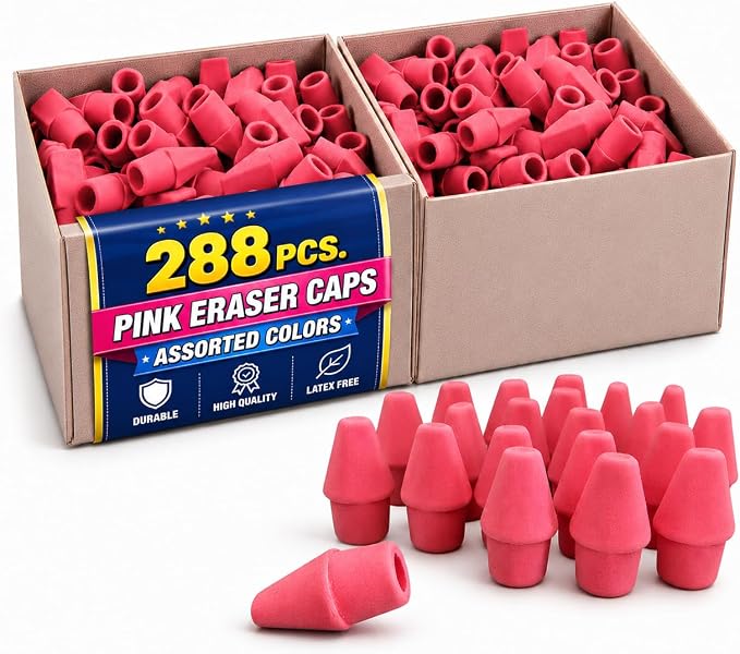 1InTheOffice Pencil Cap Erasers, Assorted Colors, Arrowhead Caps Tops Eraser, Eraser Cap for Art, School, Office Use, and Classroom Set, (Pink, 288 Pack)