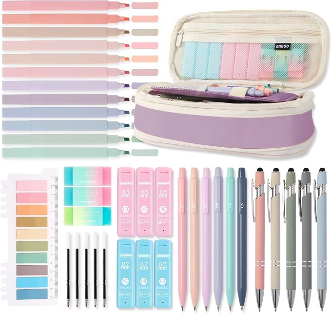 39PCS Aesthetic School Supplies with Cute Pencil Case, 5X Ballpoint Pens with Stylus Tip, 12X Pastel Highlighters, 6X Mechanical Pencil Set 0.5&0.7mm, Suit for Preppy School College Essentials(purple)