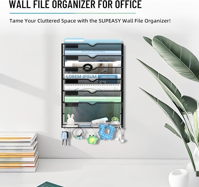 7-Tier Wall File Organizer with 5 Hooks, Wall Mounted Mail Organizer | File Holder Organizer, Metal Mesh Office Wall Organizer for Home, School & Classroom