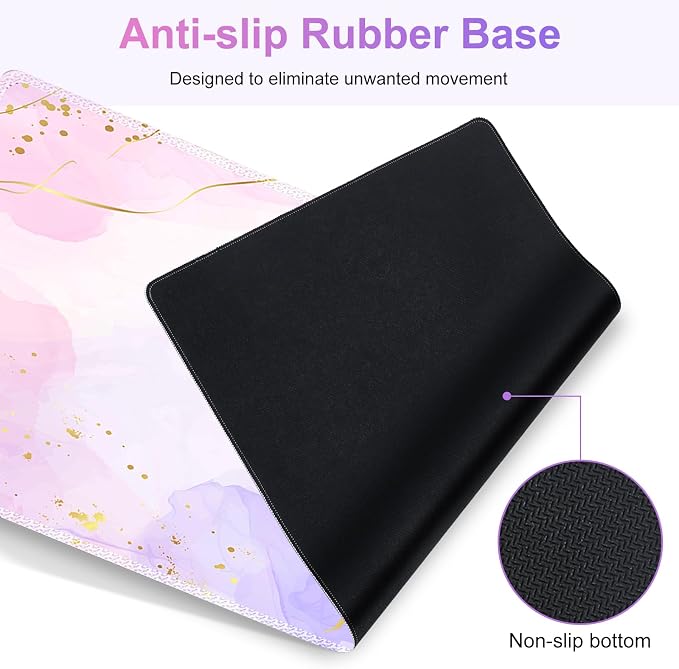 Large Gaming Mouse Pad Set, 4 in 1 Extended Keyboard Desk Mat with Wrist Rest, PC Computer Game Mousepad Set, Non-Slip Desk Pad Easy Typing Pain Relief for Home Office I Pink Purple Marble