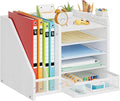 Marbrasse Desk Organizer with File Holder, 5-Tier Paper Letter Tray Organizer with Drawer and 2 Pen Holder, Mesh Desktop Organizer and Storage with Magazine Holder for Office Supplies (Wood-White)