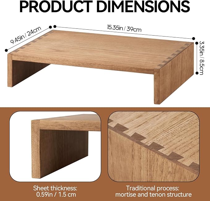 KIRIGEN Wood Monitor Stand Riser for Desk, 15.39 Inch, Brown 39-DBR | Solid Wood Desktop Shelf with Storage Space for Home Office Monitor, Printer, Computer Fully Assembled