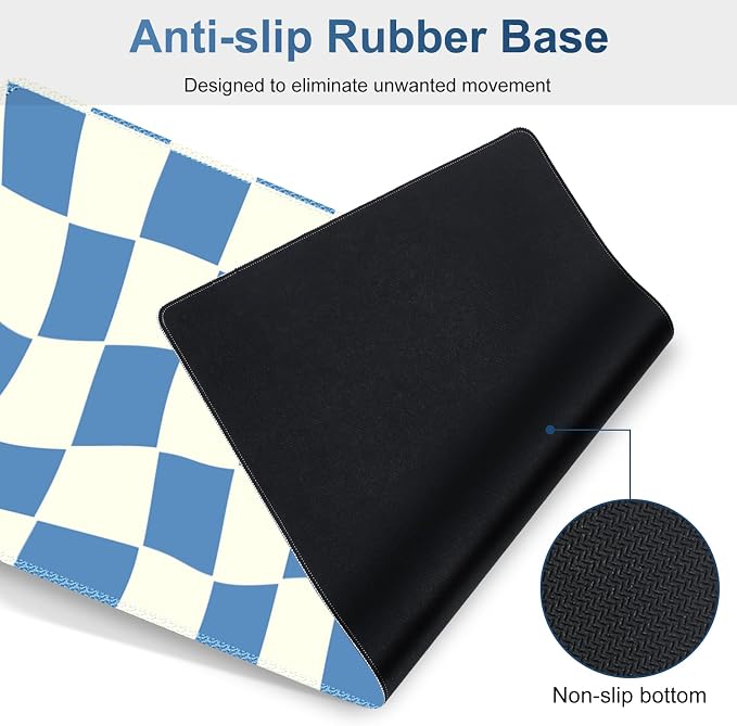 Desk Mat Pad, Gaming Mouse Pad Wrist Support Set, 4 in1 Non-Slip XXL Large Mousepad + Ergonomic Keyboard Wrist Rest+Mouse Wrist Rest+Coaster for Home Office Computer I Blue White Checker