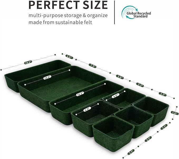 Desk drawer organizer bins shallow trays felt storage desktop box for jewelry watches office supplies makeup small key holder minimalism 8-piece (Forest Green)