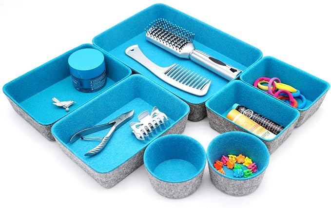 Drawer organizers bins felt tray desk storage bins dividers small organizing box for office supplies closet cabinet makeup holder Fall room decor 7-piece (Turquoise)