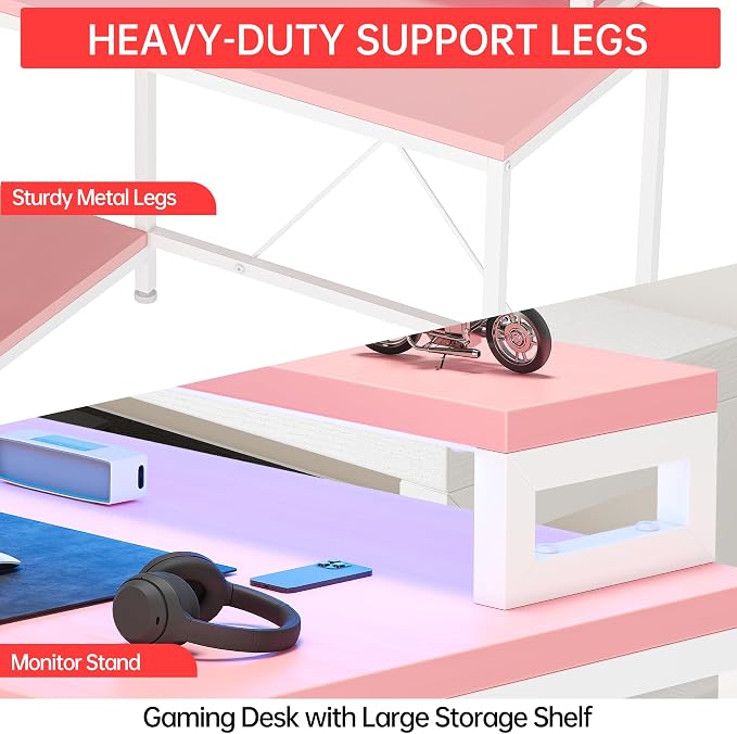 Hetoy L-Shaped Gaming Desk with Power Outlets, Corner Desk with Drawers, Shelves & LED Lights, Computer Desk for Home & Office