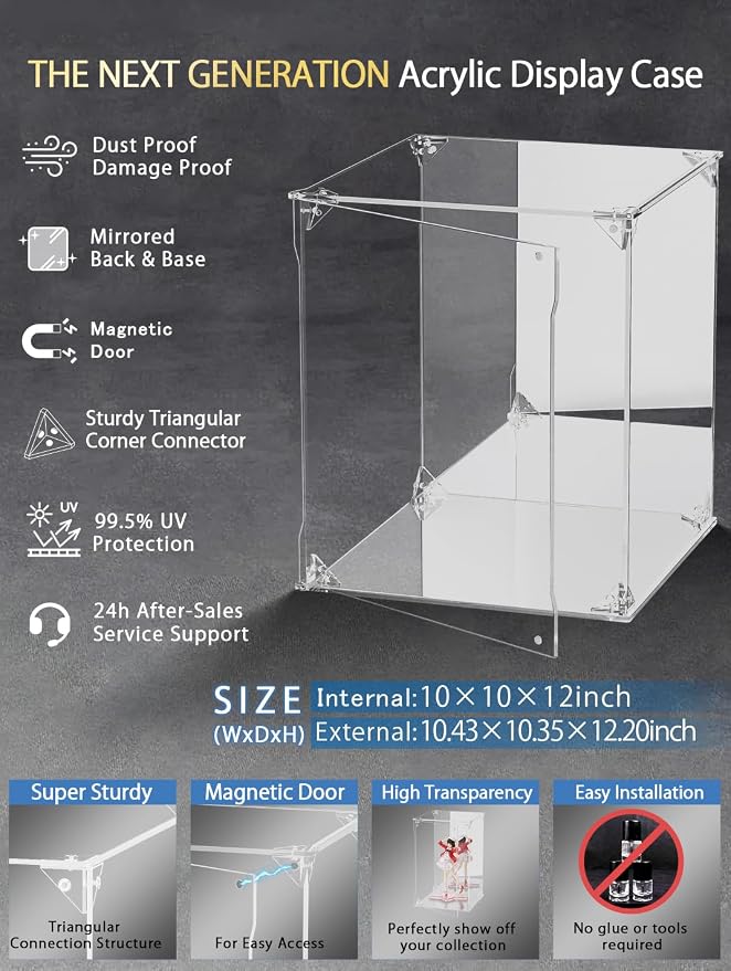 Clear Acrylic Display Case with Mirrored Back and Base, UV Protected Acrylic Box with Magnetic Door, Dustproof Display Box Showcase for Collectibles, Figures, Models, Toys (10x10x12inch)