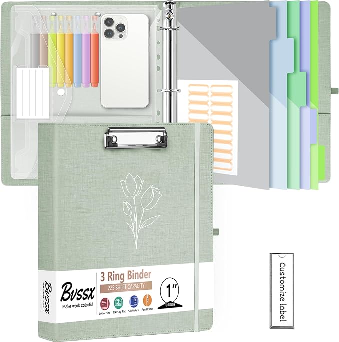 1 Inch 3 Ring Linen Binder Organizer, BVSSX Three Ring Binders with Clipboard, Plastic Folder, 5-Tabs Pocket Dividers with Sticker Labels, Pen Loop, Elastic Strap (Sauge, Letter Size)
