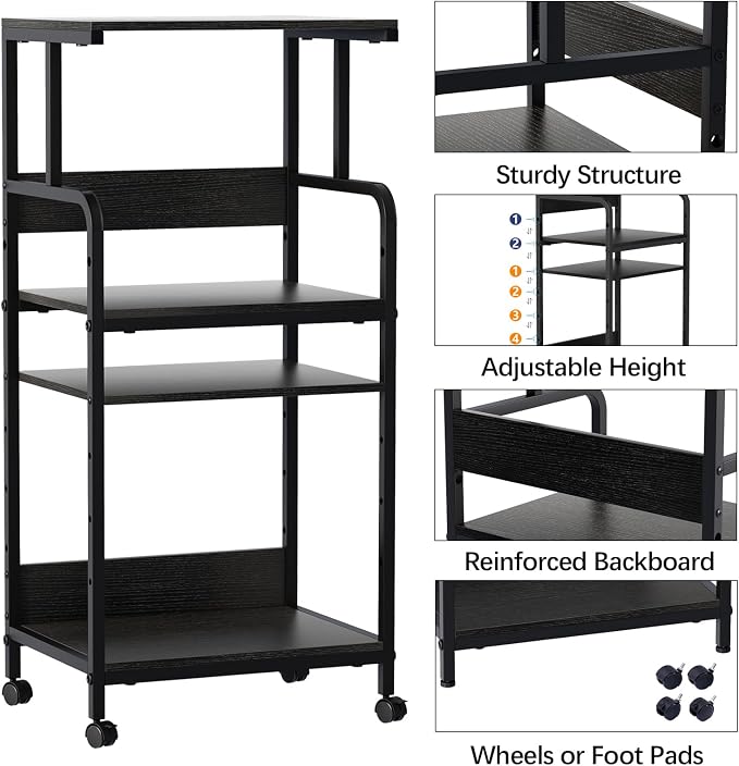 Arbuxzuy 4 Tier Stand with Storage Shelf, Tall Mobile Printer Table for Home Office, Adjustable Stands for Heat Press Scanner Fax (Black)