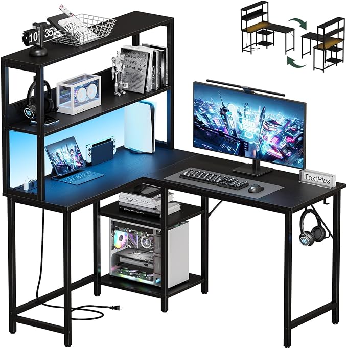 DUMOS L Shaped Desk, Gaming Desk, Power Outlet, 43 Inch | Reversible Corner Computer Table, Adjustable Shelf CPU Stand, Home Office Writing Table, LED, Black