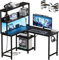 DUMOS L Shaped Desk, Gaming Desk, Power Outlet, 43 Inch | Reversible Corner Computer Table, Adjustable Shelf CPU Stand, Home Office Writing Table, LED, Black