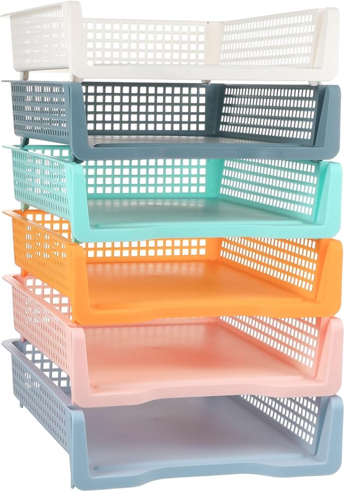 Weysat 6 Pcs Turn in Trays Classroom, Stackable Paper Tray for Classroom Organization Plastic Desk File Organizer Bin Basket for Library Drawer Teacher Office Document Storage (Pastel,Narrow)